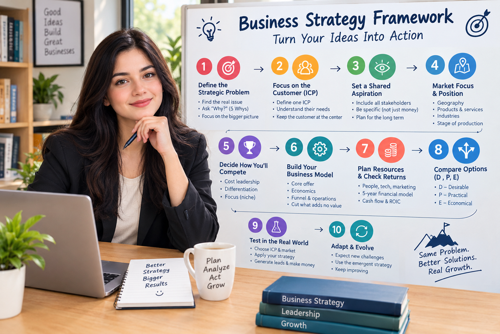 Business Strategy Framework with a Female Business Professional Planning Business Growth
