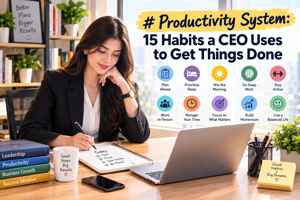 Productivity system: 15 habits a CEO uses to get things done, featuring a professional woman in a black blazer planning her workday in a modern office.
