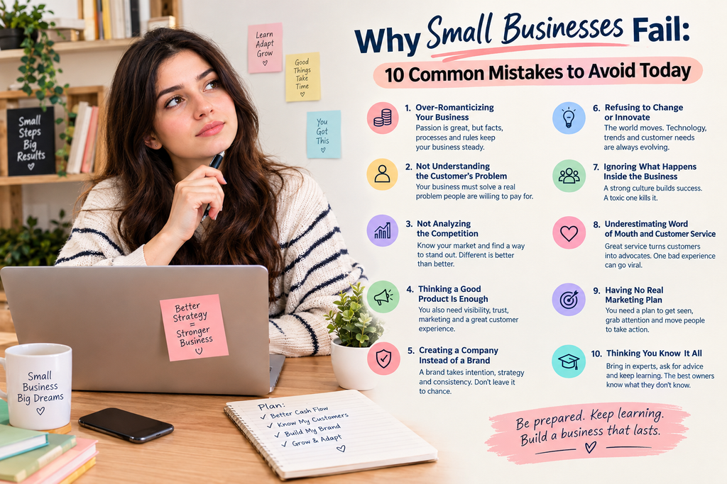 Why Small Businesses Fail: 10 Common Mistakes to Avoid Today — a woman working in a home office with small business planning tips. 
