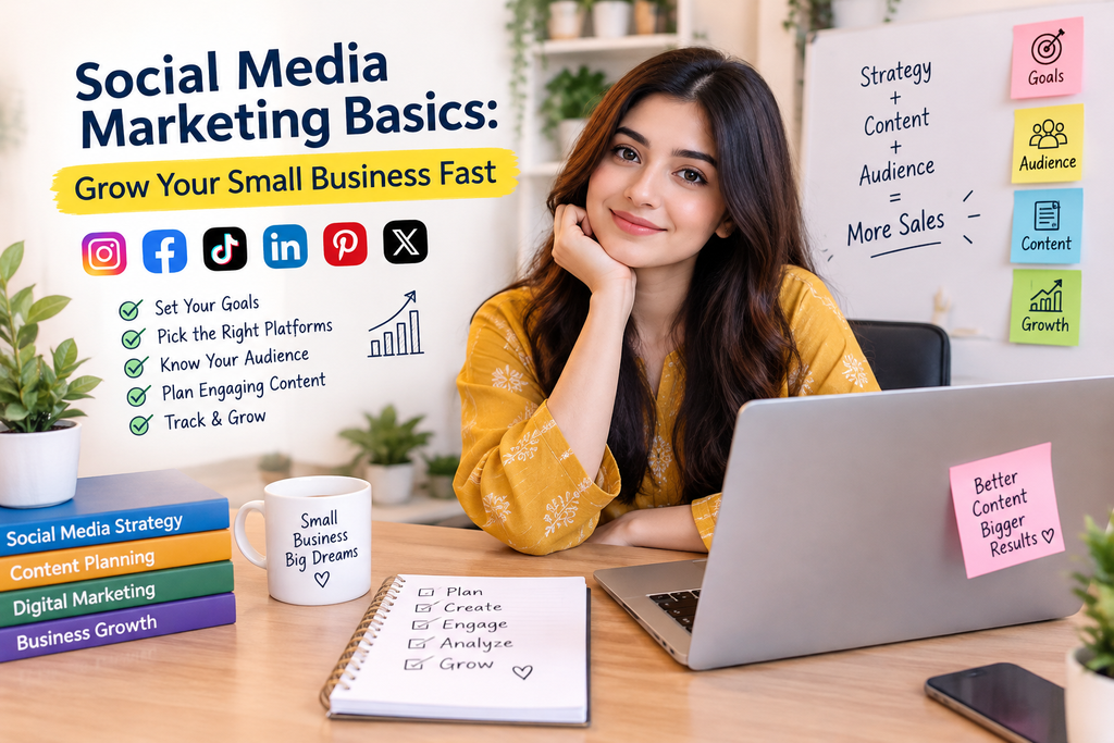 Social media marketing basics to grow a small business with a female marketer, social media strategy, content planning, and analytics.
