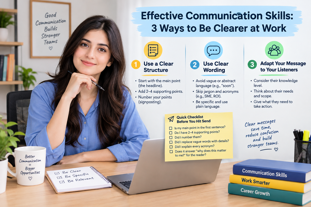 Effective communication skills at work with a female professional explaining three ways to communicate clearly
