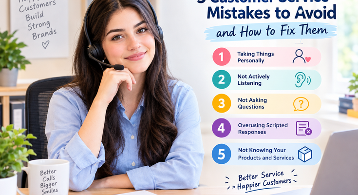 Woman wearing a headset illustrating 5 customer service mistakes to avoid and how to fix them.
