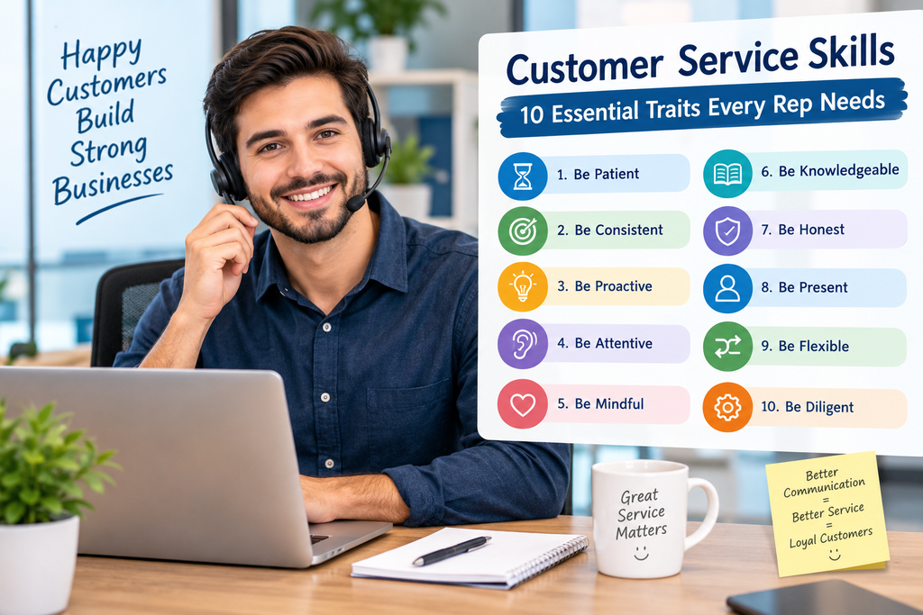 Customer service representative demonstrating essential customer service skills while helping customers in a professional office.
