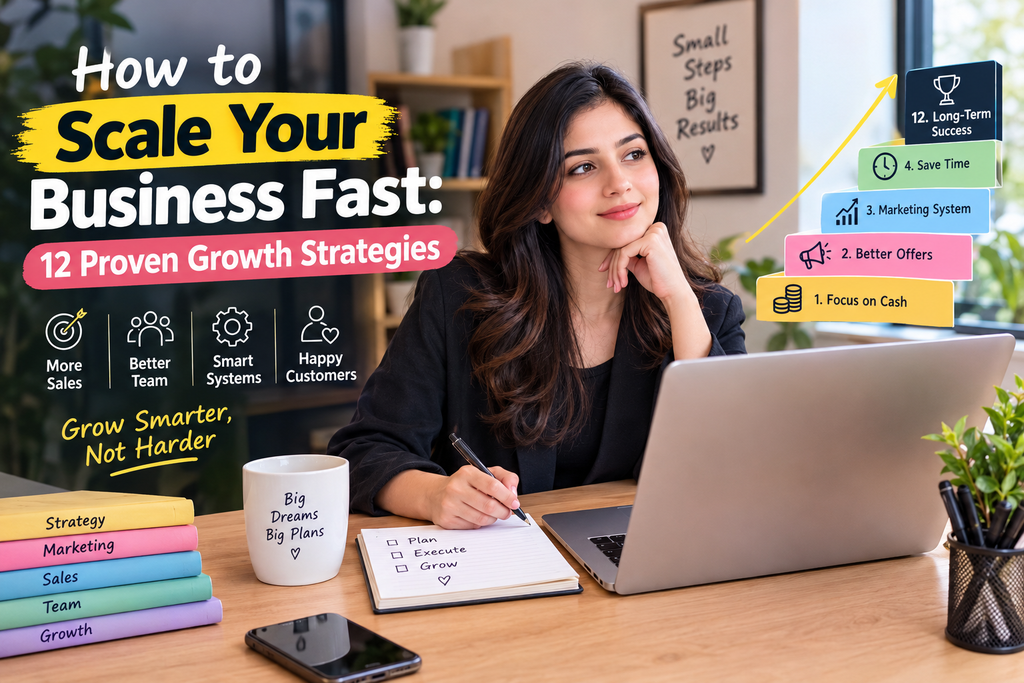 How to scale your business fast with 12 proven growth strategies, featuring a female business professional planning sales, marketing, and business growth.
