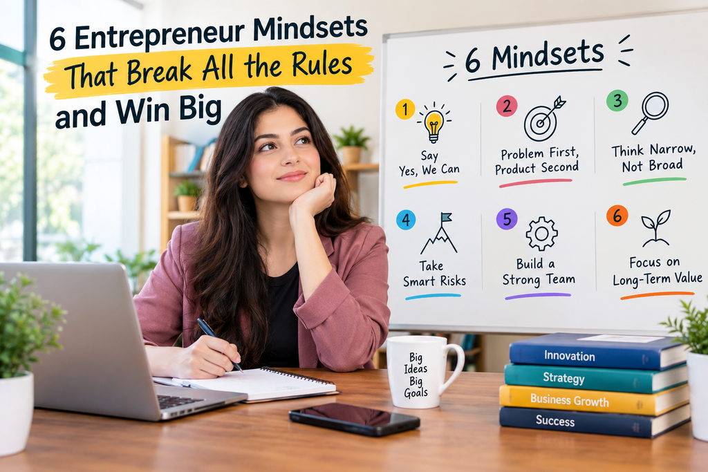 6 entrepreneur mindsets for business success with a female entrepreneur planning business growth.

