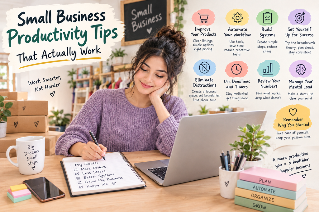 Small business productivity tips featuring a woman working at a laptop, organizing tasks, automating workflows, and planning business goals.
