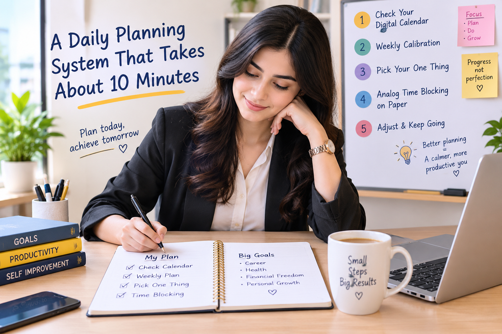 Daily planning system with a professional woman in office attire organizing her schedule, setting goals, and managing time in a planner.
