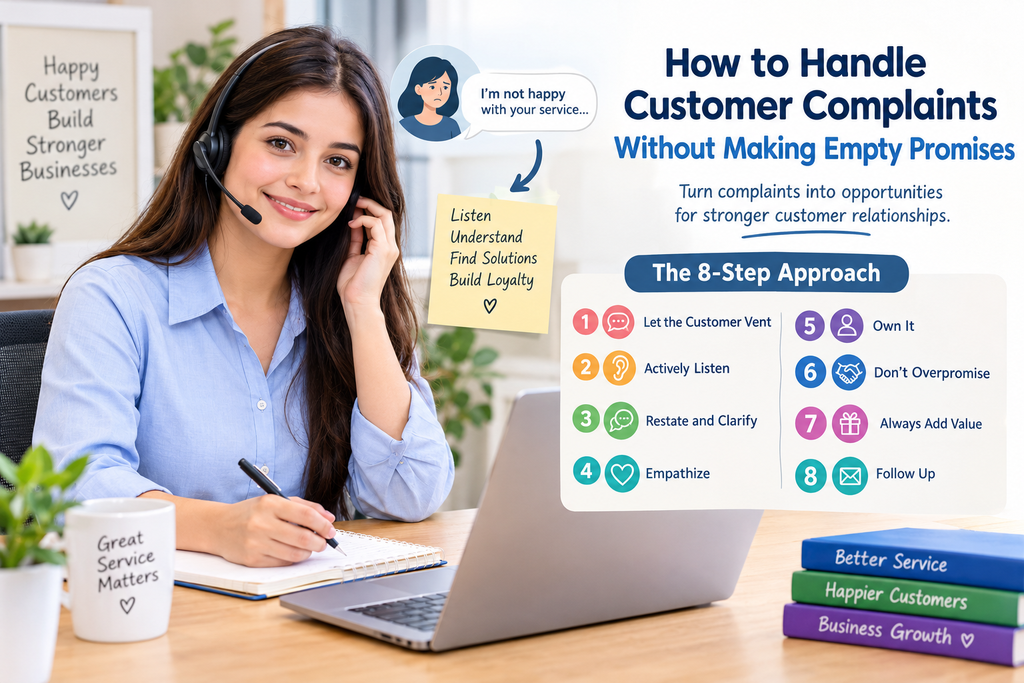 Female customer service representative demonstrating how to handle customer complaints professionally.
